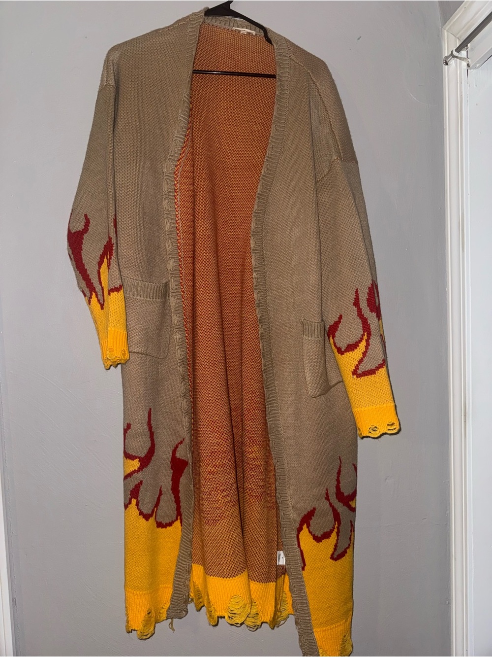 Long Open-Front Flame Knit Cardigan in Tan, Yellow & Red
